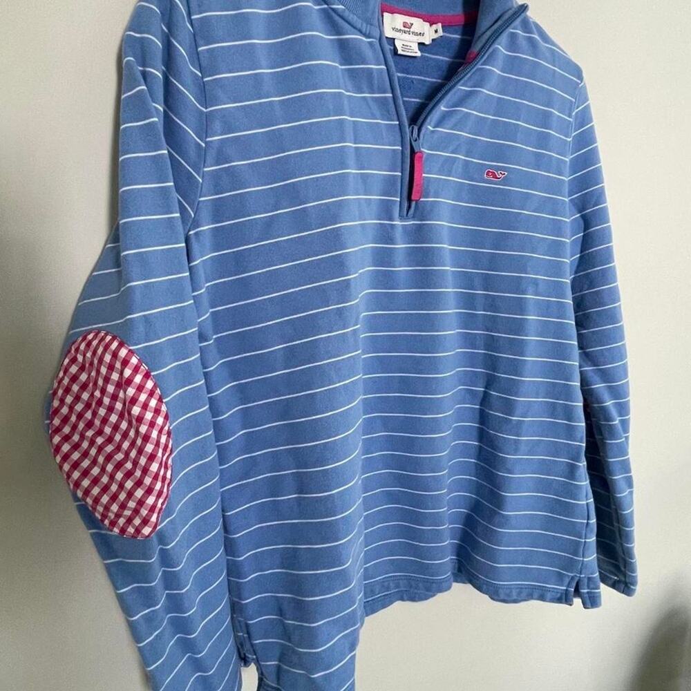 Vineyard Vines Blue Striped 1/4 Zip Pullover Gingham Elbow Patches M